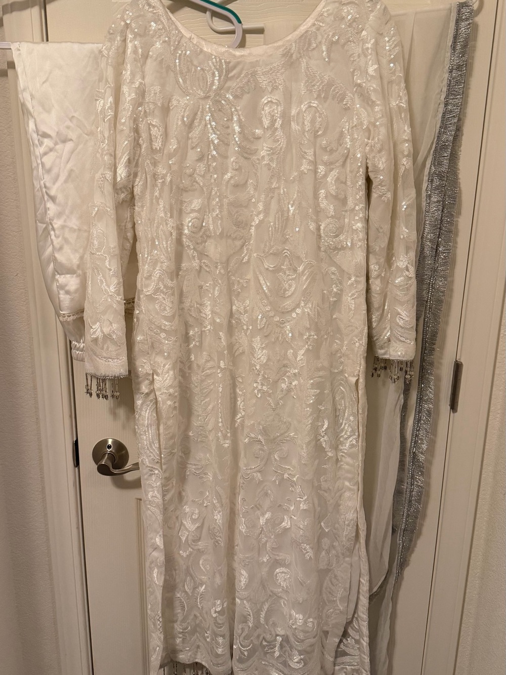 Pakistani Embroidered White Beaded Long Sleeve Dress